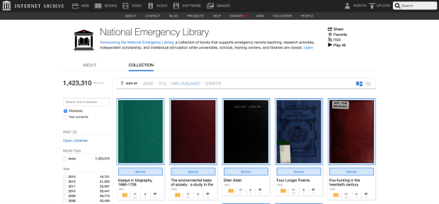 Ebook loans without a wait list are available during the pandemic at the National Emergency Library.